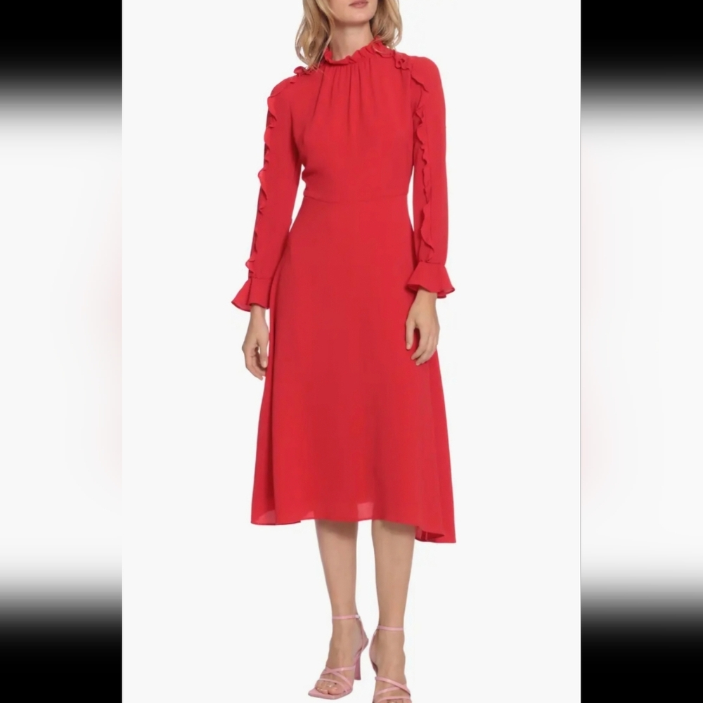 Donna Morgan for Maggy - Ruffle Long Sleeve A-Line Midi Dress